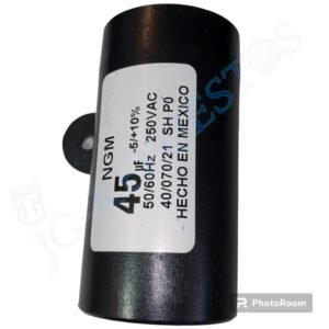 CAPACITOR 45uF MGM REDONDO CON SUJECION PLASTICO 250VAC LAVADORA ASIATICA (WHIRLPOOL) -3645